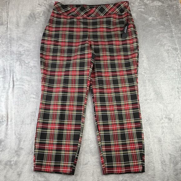 JONES NEW YORK Pants Women 2X Red Black Tartan Plaid Pull‎ On Slim Leg  40x27 - Picture 1 of 12